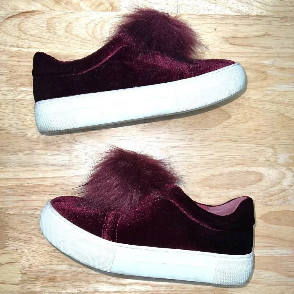 J/SLIDES, Cranberry Velvet Platform Sneakers Pom Pom Accent, Women’s 6.5